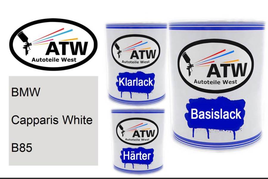 BMW, Capparis White, B85: 1L Lackdose + 1L Klarlack + 500ml Härter - Set, von ATW Autoteile West.